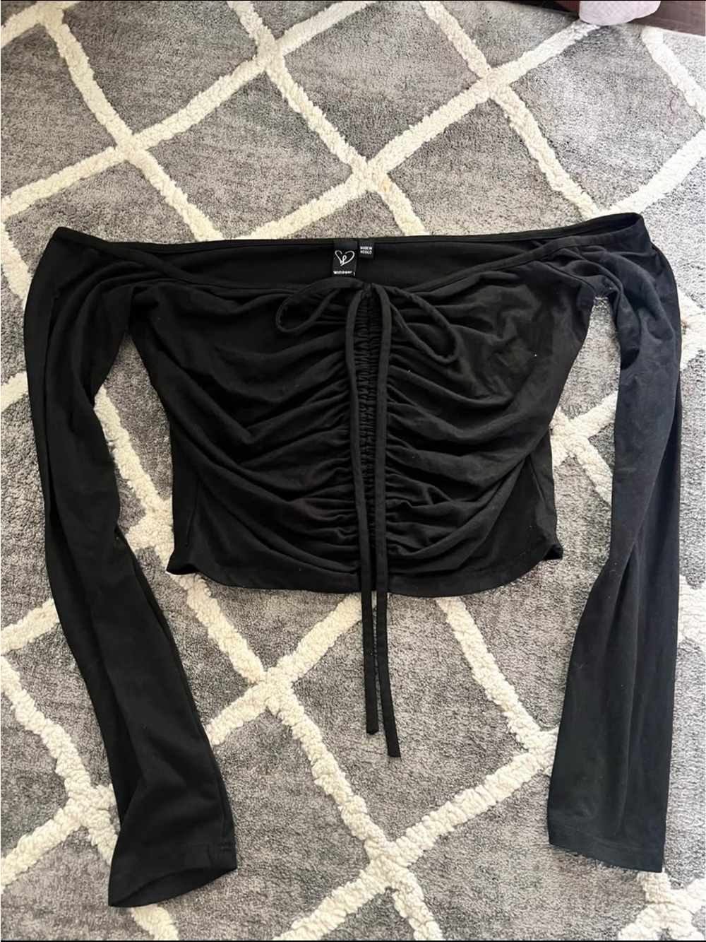Windsor Black Off-Shoulder Ruched Long-Sleeve Crop Top